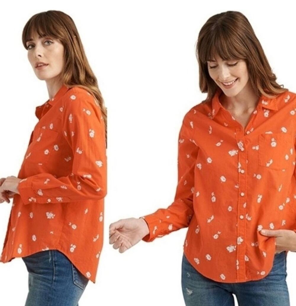 Lucky Brand Button Front Shirt Blouse Top Orange Floral Size Small Boho Western